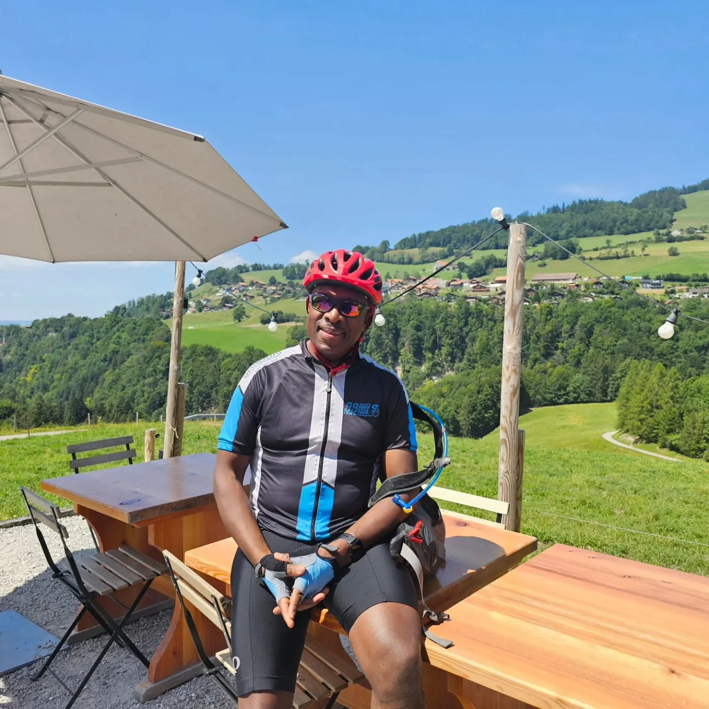 Solly Moeng taking a break in cycling gear