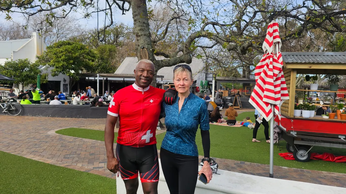 Solly Moeng with a companion after a cycling outing